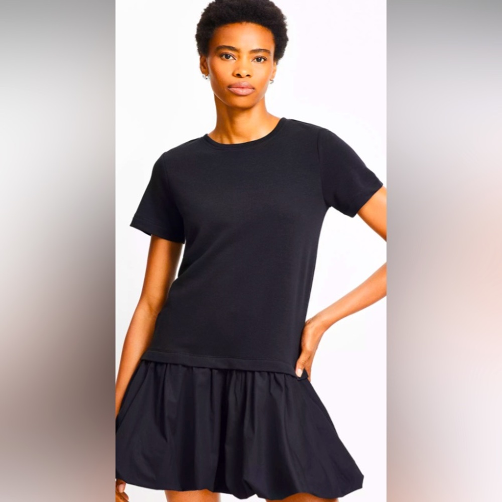 LOFT Bubble hem mini dress terry cotton top with drop waist skirt in Black Large